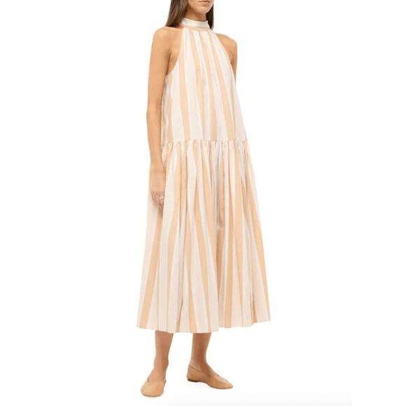 NWT Staud Marlowe Striped Halter Tie Neck Sleeveless Midi Dress Tan White Small - Picture 1 of 10